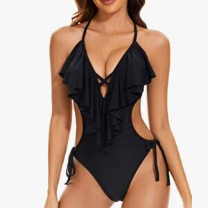 LXheysea. Med. Black. Monokini. Cutout. Ruffle. Sexy.